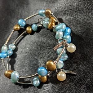 2 Vantel Pearl light blue and gold pearl wrap bracelet
